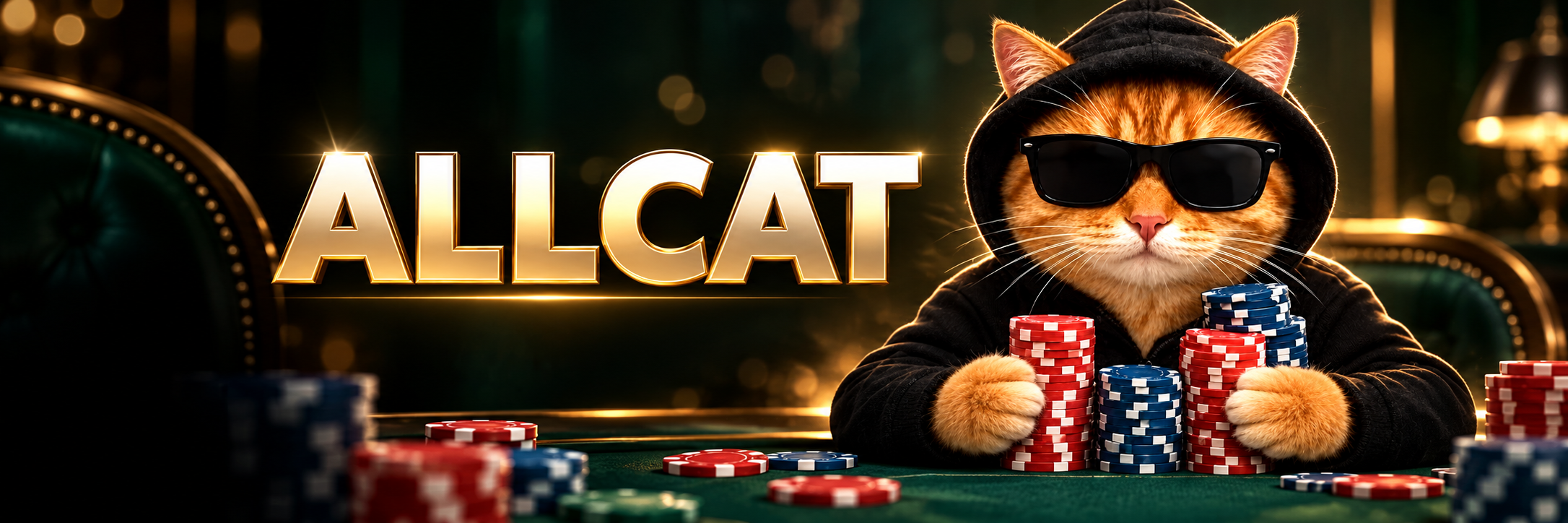 ALLCAT gold wordmark with the hoodie cat behind a chip stack on green felt